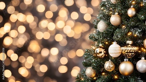 A beautifully decorated Christmas tree adorned with golden ornaments, glowing against a backdrop of soft, sparkling lights.