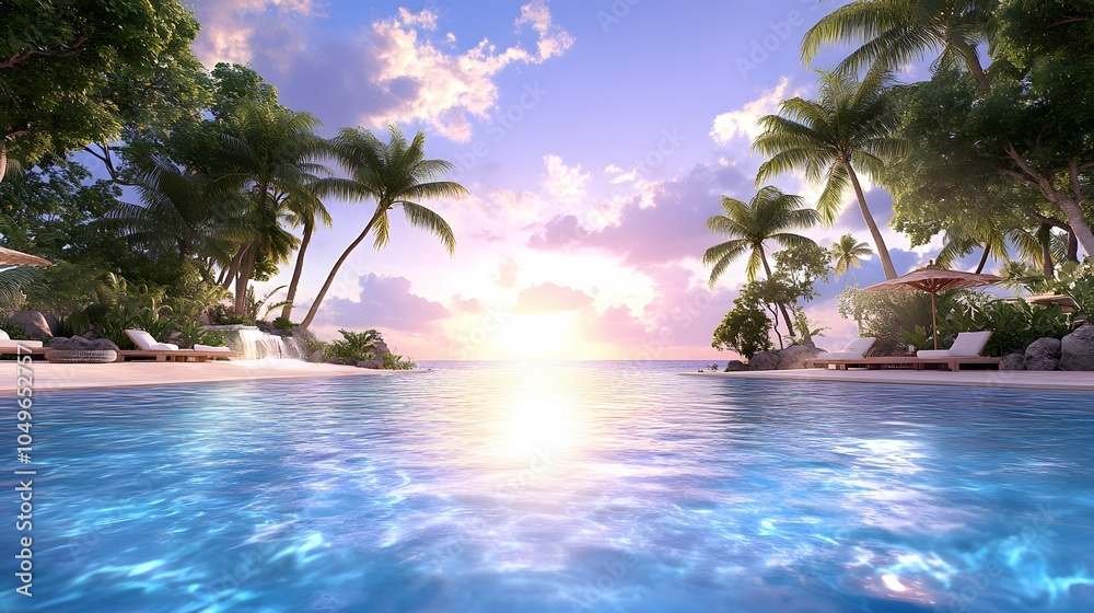 Fototapeta premium A tranquil tropical scene featuring a sparkling blue pool, palm trees, and a vibrant sunset sky reflecting over calm waters.