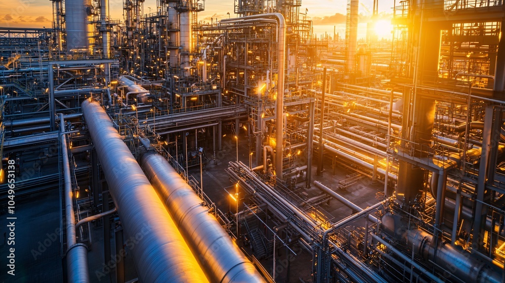 Fototapeta premium A stunning view of an industrial facility at sunset, showcasing intricate pipelines and machinery glowing in golden light.