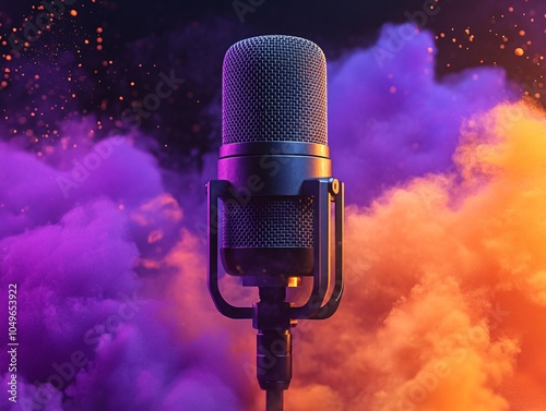 Dynamic microphone with vibrant smoke backdrop, ideal for music events and performances, showcasing the energy of sound waves and creativity. photo