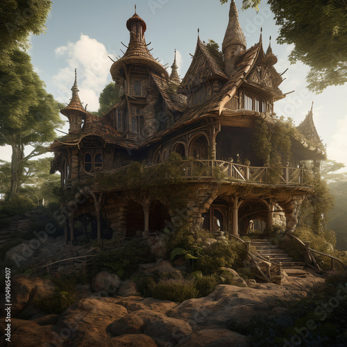 Dreamy forest house river stone foundation,ivy wall,architectural design,atmospheric lighting fantasy,storytelling,3d,render,animation,cottage,castel,rock,pathway,rooftop,story book,backdrop,wallpaper