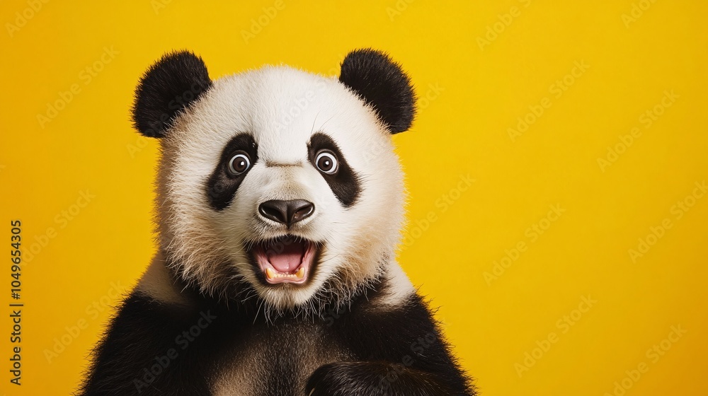 A playful panda with a wide-eyed expression, set against a vibrant yellow background, showcasing its adorable features and lively spirit. A playful panda with a wide-eyed expression, set against a vibrant yellow background, showcasing its adorable features and lively spirit.
