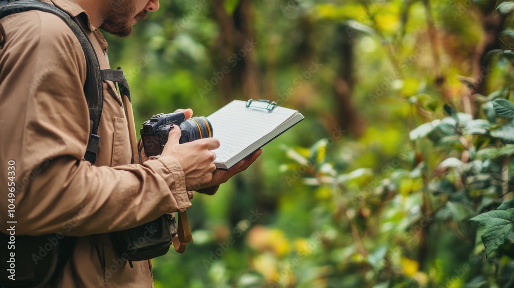 Obraz premium Biology field study, biologist observing animal behavior in the wild, camera and notebook in hand, focus on nature research, ready for stock use,