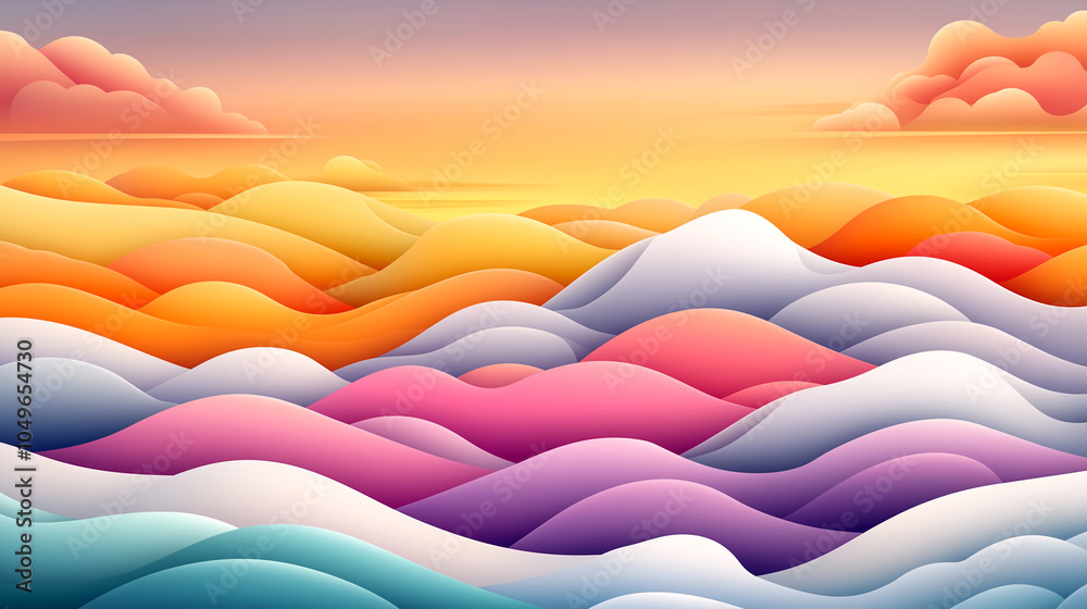 Fototapeta premium A colorful ocean with mountains in the background. The sky is orange and pink. The waves are very tall and the colors are very bright