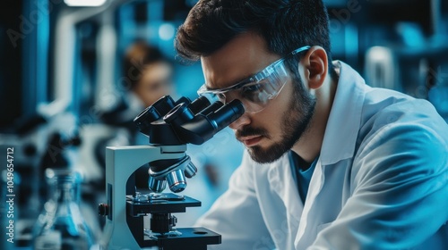 Biology microscopic analysis, researcher studying cells under a microscope, clear focus on sample slides, lab environment, suitable for stock use, photo