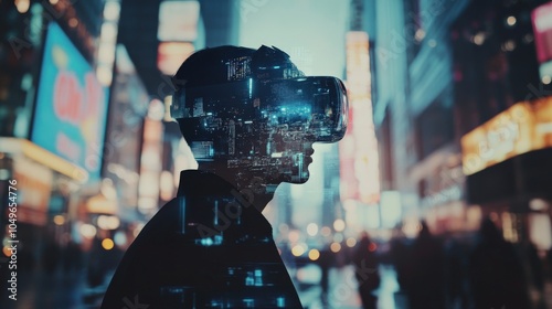 A person is immersed in virtual reality, engaging with advanced garbage collection technologies in a bustling city backdrop during twilight