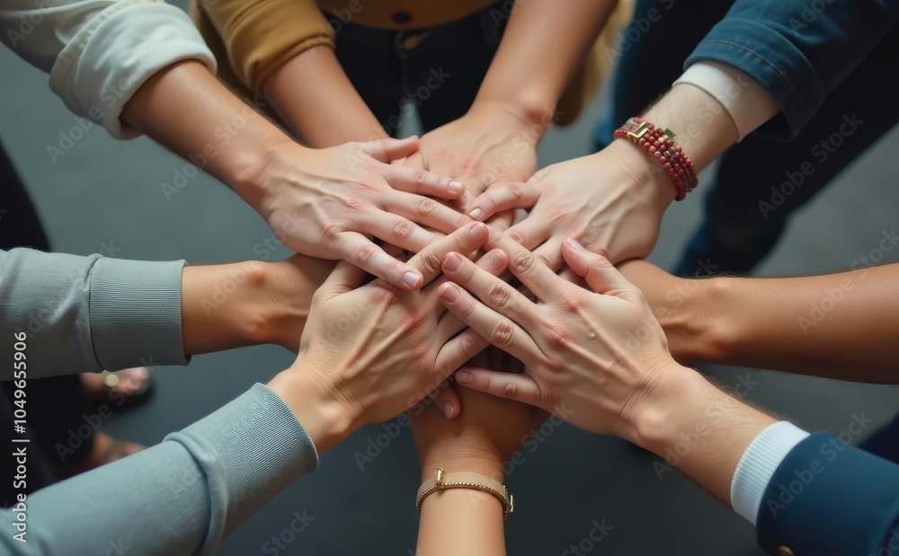 Shot of a group of people joining their hands together Shot of a group of people joining their hands together