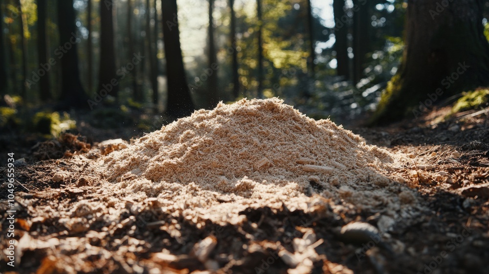 Sawdust accumulates on the forest floor, illuminated by sunlight filtering through the trees, indicating recent wood processing nearby Sawdust accumulates on the forest floor, illuminated by sunlight filtering through the trees, indicating recent wood processing nearby