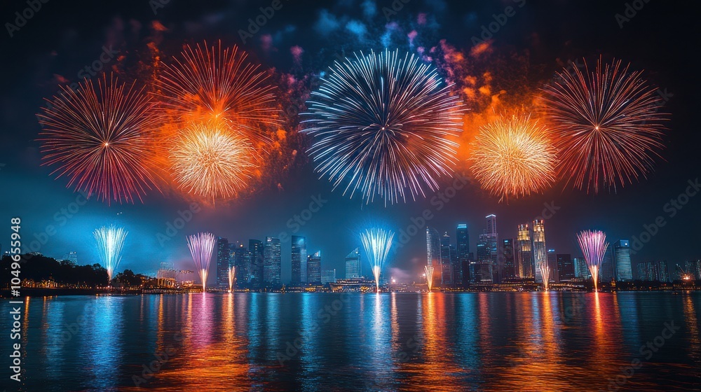 Fototapeta premium A stunning fireworks display explodes over a cityscape, illuminating the night sky with bright colors and reflecting in the calm waters of a river.