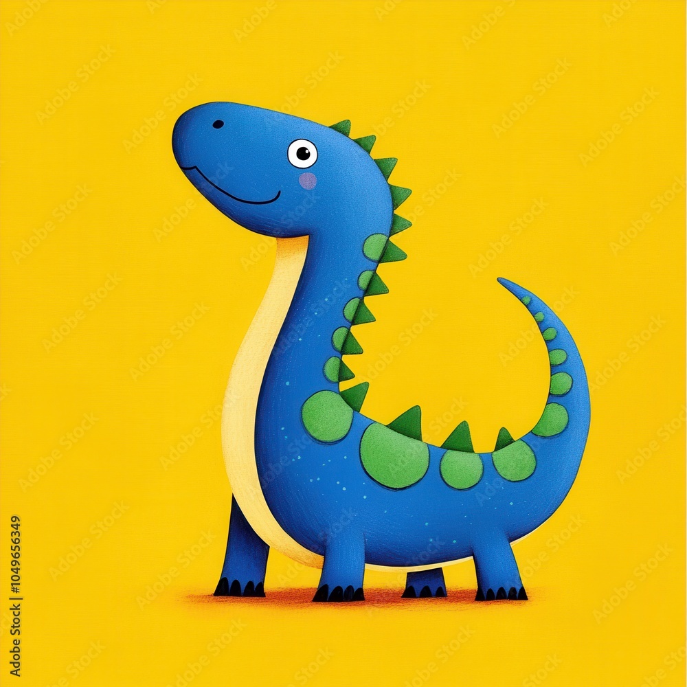 Naklejka premium Cute blue dinosaur with green spots, smiling on a bright yellow background.