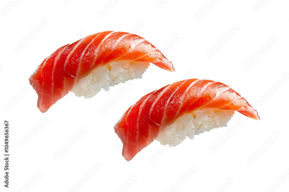 Pair of Sushi with fresh Salmon sliced topped on rice isolated on background, popular blend of taste flavor food. Pair of Sushi with fresh Salmon sliced topped on rice isolated on background, popular blend of taste flavor food.