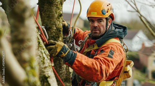 A tree surgeon is using climbing equipment to perform essential maintenance on a tree in a residential area during autumn. The worker is focused and equipped for safety