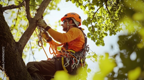 A dedicated tree surgeon worker is scaling a tree, equipped with climbing gear and ropes, ensuring safe utility line management in sunny weather