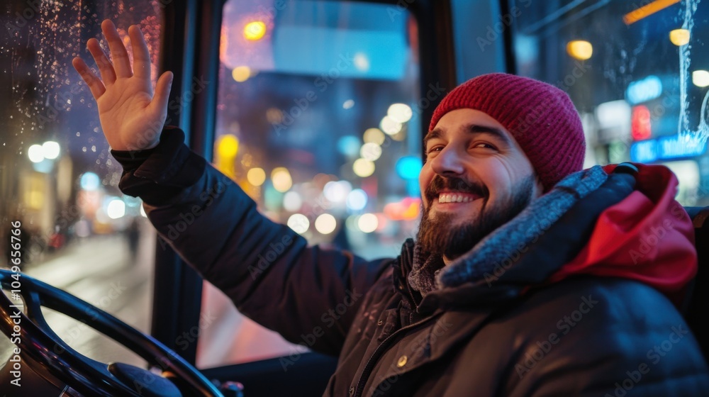 Fototapeta premium Cheerful bus driver waving at pedestrians from inside the bus, happy and energetic, promoting friendly public transportation, suitable for stock photography,