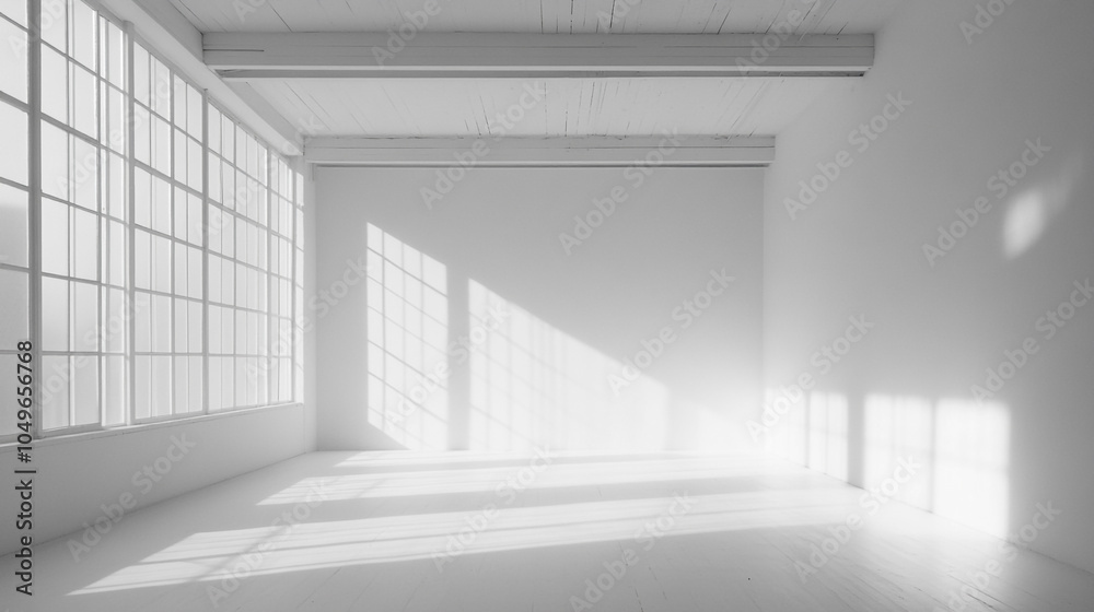 Obraz premium Abstract white 3d studio background for cosmetic product presentation, Empty room, seamless white walls, soft shadows,