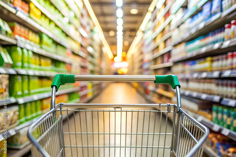 shopping cart in supermarket.A close-up view of a shopping cart handle with the rest of the cart and supermarket aisle blurred in the background, creating a sense of depth shopping cart in supermarket.A close-up view of a shopping cart handle with the rest of the cart and supermarket aisle blurred in the background, creating a sense of depth