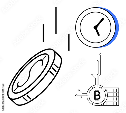 A dollar coin, clock, and Bitcoin highlight contrasts between fiat and digital currency and the importance of time in finance. Ideal for financial literacy, cryptocurrency education, time management