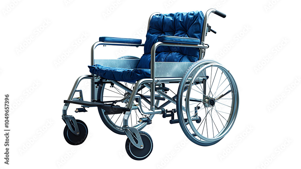 Fototapeta premium Empty dark blue wheelchair of hospital isolated on cut out PNG or transparent background. Medical equipment for disabled or those people cannot walk. Sending sick people to hospitals.