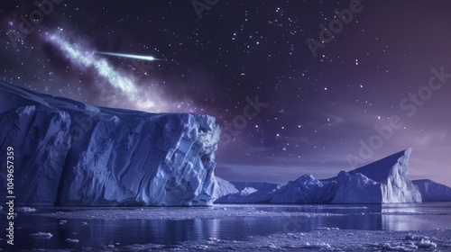 A breathtaking shot of a high-altitude ice shelf with vast, reflective ice formations and a rare, vivid comet streaking across the starry sky photo