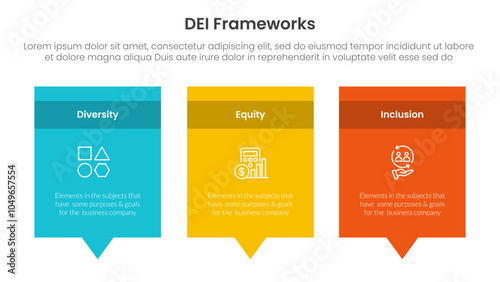 DEI organizational frameworks infographic 3 point with rectangle box and callout comment dialog on bottom for slide presentation