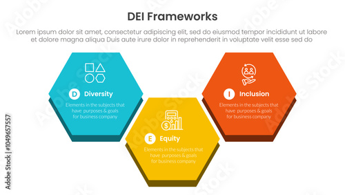 DEI organizational frameworks infographic 3 point with big hexagonal up and down shape for slide presentation