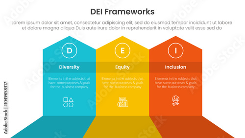 DEI organizational frameworks infographic 3 point with big shape arrow header top direction for slide presentation vector