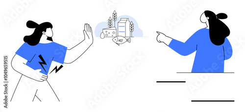 Woman holding stomach with a pained expression while raising hand in refusal and another person pointing at a selection of dairy products in background. Ideal for food allergies, lactose intolerance
