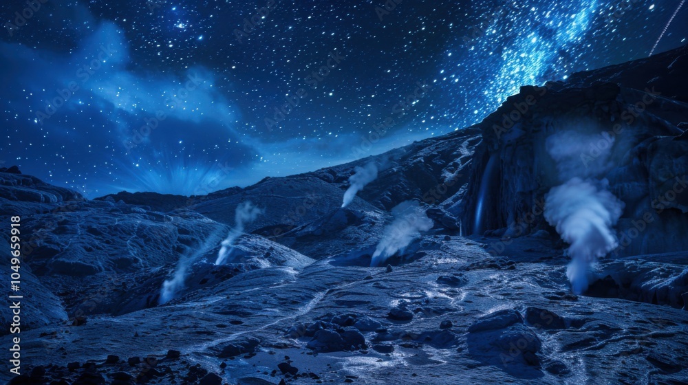 Naklejka premium A breathtaking shot of a remote volcanic plateau with active geysers and a rare, deep blue meteor shower streaking across the night sky, Volcanic plateau scene