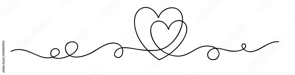 Oneline drawing. Abstract decorative horizontal border element with heart. Beautiful hand drawn hearts on white background. Border design element for Valentine's or wedding day. Vector illustration. Oneline drawing. Abstract decorative horizontal border element with heart. Beautiful hand drawn hearts on white background. Border design element for Valentine's or wedding day. Vector illustration.