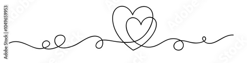 Oneline drawing. Abstract decorative horizontal border element with heart. Beautiful hand drawn hearts on white background. Border design element for Valentine's or wedding day. Vector illustration.