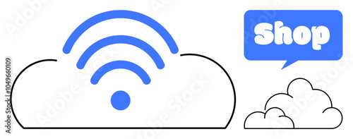 Cloud outline with wireless symbol and speech bubble saying Shop represents online shopping and digital connectivity. Ideal for e-commerce, technology, cloud computing, internet services, and digital