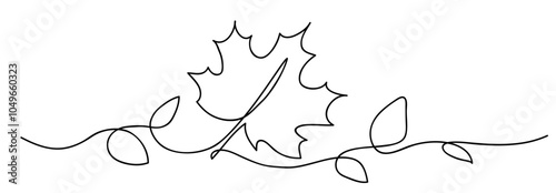 One line drawing. Abstract decorative horizontal border element with maple leaf. Beautiful hand drawn leaf on white background. Hand drawn sketch. Border design elements. Vector illustration.