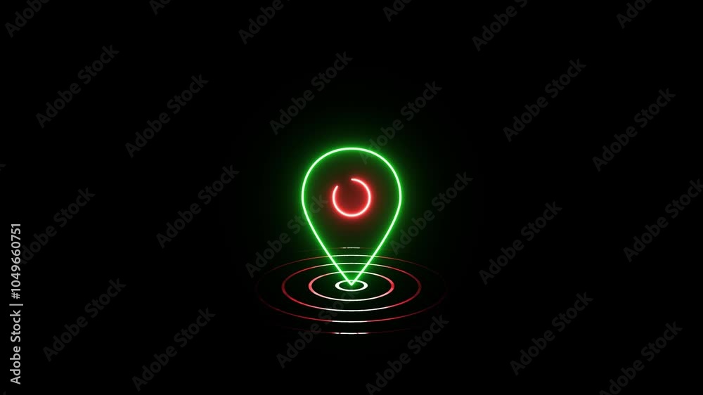 Blue and red color location icon 3D neon animation and radio waves on black background. Blue and red color location icon 3D neon animation and radio waves on black background.