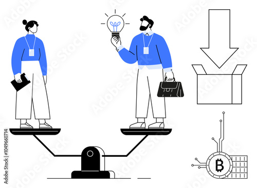 Wallpaper Mural Two business professionals stand on opposite sides of a balancing scale. One holds a notebook, and the other presents a light bulb representing an idea. Ideal for topics on teamwork, balance Torontodigital.ca