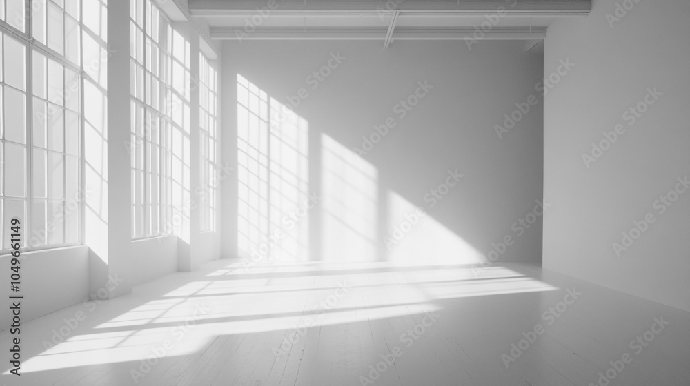 Obraz premium White room empty studio copy space background, big white room with big windows, Interior design perspective wide shot. large clean apartment. 