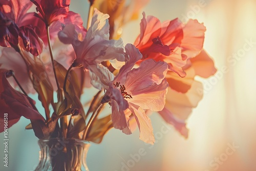 A detailed view of a vase brimming with vibrant blooms, highlighting their delicate petals against a gentle background.