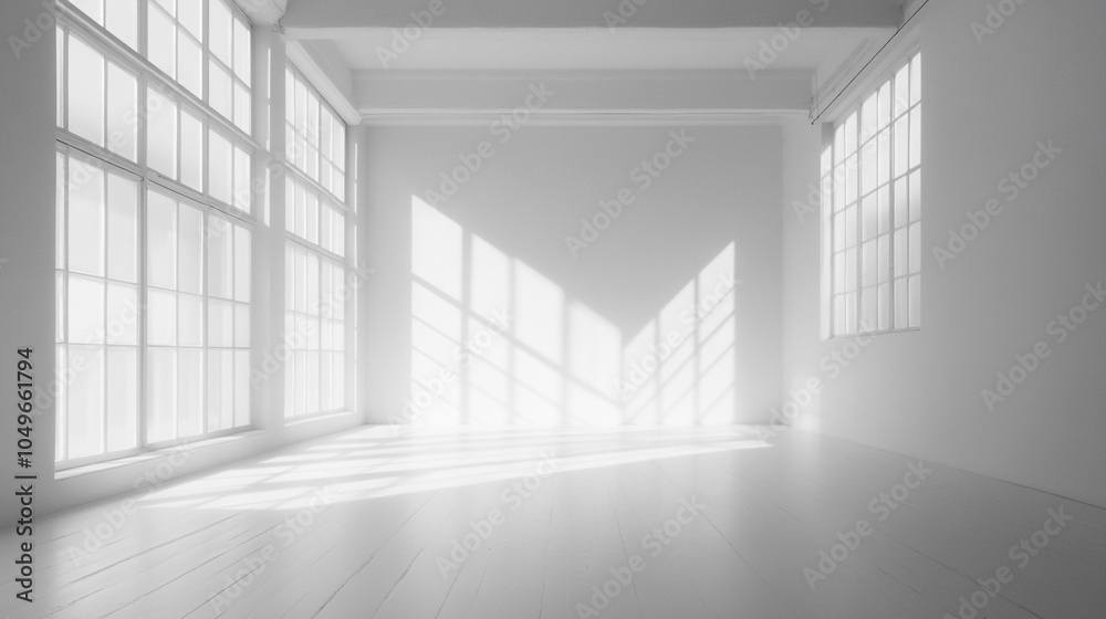 Obraz premium Empty Interior Room with White Background 3D Render Illustration, White open space office interior with blank wall.