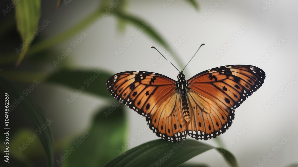 Obraz premium Monarch butterfly with orange and black wings perched on green leaf, macro focus