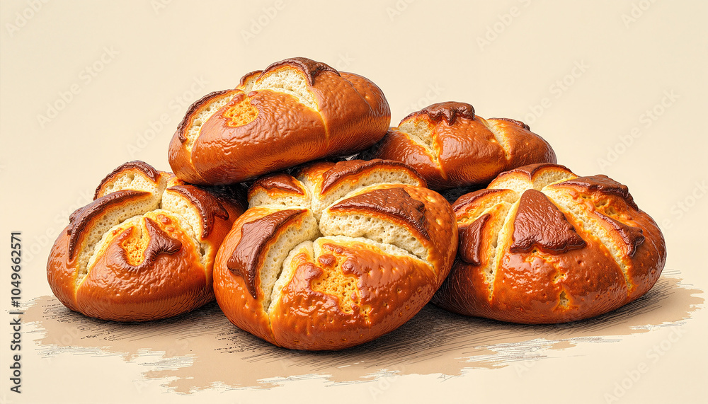 Freshly baked glossy buns with a golden-brown crust in a rustic presentation Freshly baked glossy buns with a golden-brown crust in a rustic presentation