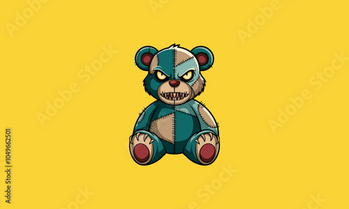 Creepy stitched teddy bear with glowing eyes illustration.