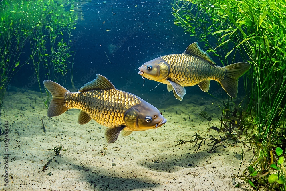 Fish glide elegantly through pristine waters, their shimmering scales glinting among lush aquatic vegetation and a gentle sandy floor.