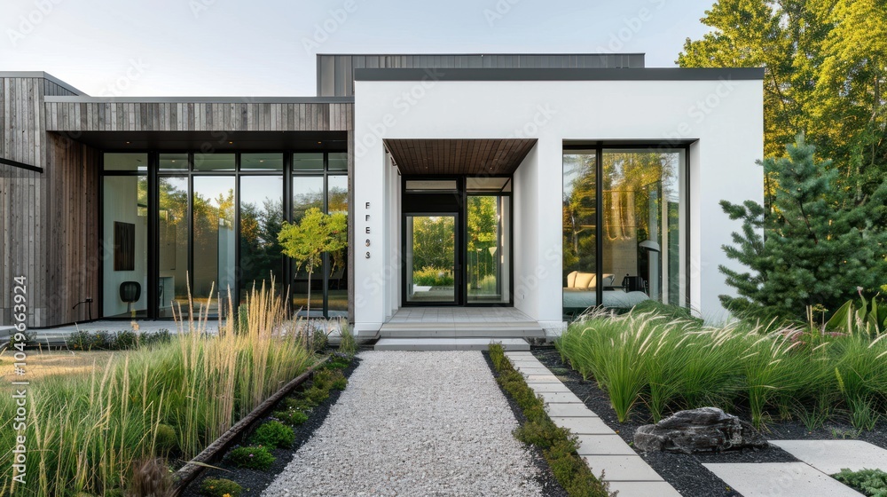 Fototapeta premium Modern Home Entrance with Gravel Path and Lush Greenery