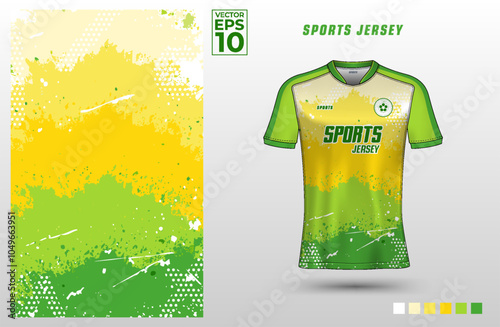 Colorful t-shirt sport design template with abstract grunge pattern for soccer jersey. Sport uniform in front view. Tshirt mock up for sport club. Vector Illustration	
