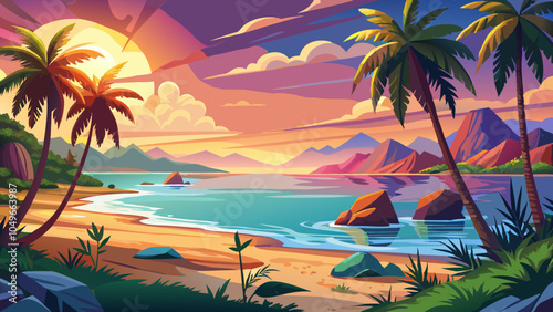Beautiful panoramic sunset tropical paradise beach. Tranquil summer vacation or holiday landscape. Tropical sunset beach seaside palm calm sea panorama exotic nature view inspirational seascape 