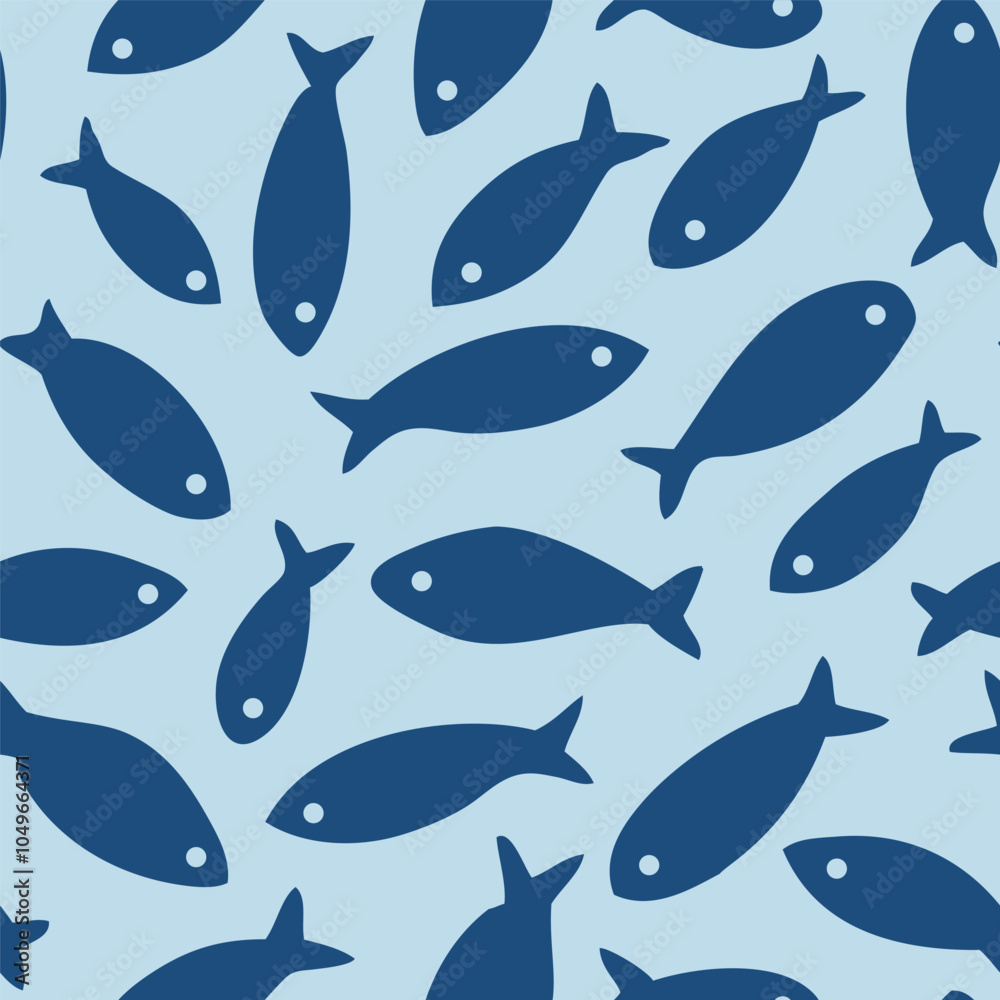 Seamless pattern with abstract decorative fish silhouette on blue background. Vector stock illustration.	