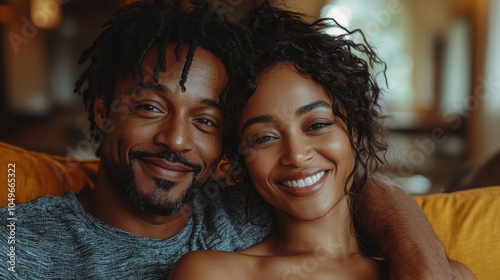 An African couple shares a joyful moment, smiling warmly at the camera while relaxing on a cozy couch in a well-lit indoor setting.