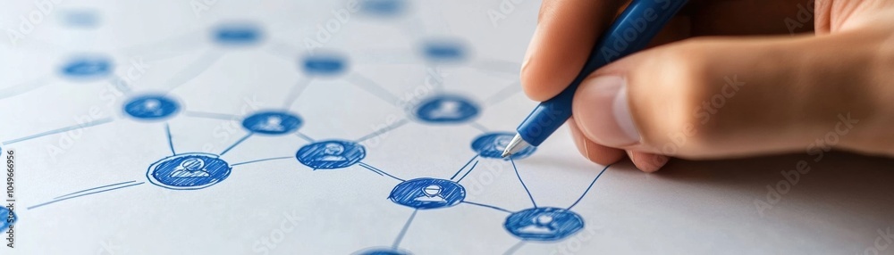 Hand draws connections on a diagram representing a network or ...