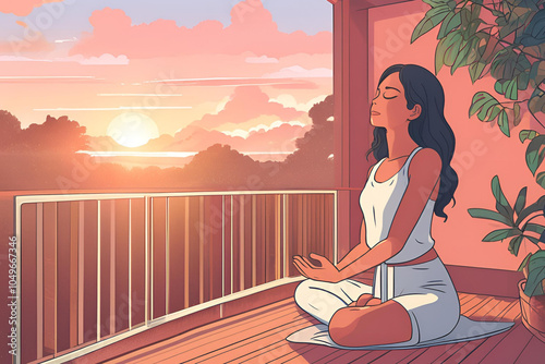 Young latin woman with arms outstretched breathing in fresh air during sunrise at the balcony. Girl enjoying nature while meditating during morning with open arms and closed eyes. Mindful woman relax photo