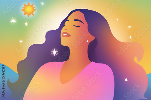 Young woman with long hair enjoying sun with closed eyes getting natural vitamin D outdoors. Peace of mind. Mindfulness, mental health, spirituality, well-being, unwind yourself photo