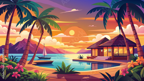 Tropical paradise - exotic luxury vacation in Mauritius island, beach villa under palms